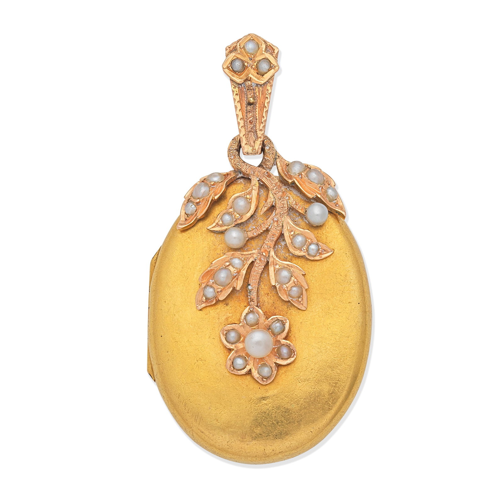 SEED PEARL LOCKET,: SEED PEARL LOCKET, LATE 19TH CENTURYDecorated with seed pearls, opening to reveal a glazed compartment, one seed pearl deficient, French assay marks, length 5.8cm, weight approx. 21.0g