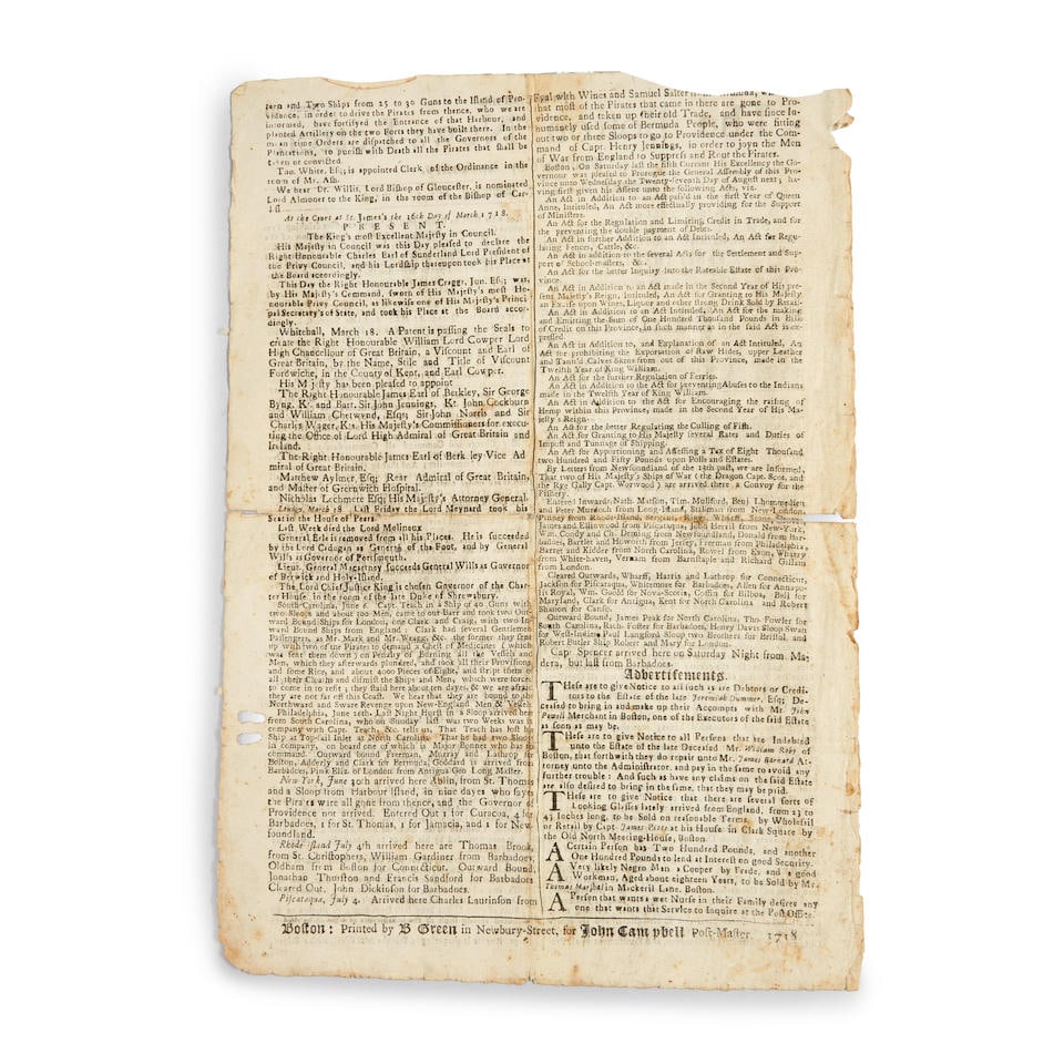 EARLY BOSTON NEWSPAPERS. The Boston News-Letter, No. 742 (1 of 1)