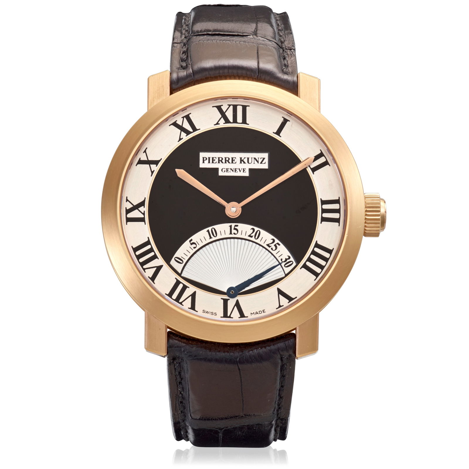 PIERRE KUNZ. AN 18K ROSE GOLD AUTOMATIC WRISTWATCH WITH RETROGRADE SECONDS Retrograde Seconds, R...: PIERRE KUNZ. AN 18K ROSE GOLD AUTOMATIC WRISTWATCH WITH RETROGRADE SECONDS Model: Retrograde Seconds Reference: PKA 001 SR Date: Purchased January, 2010 Movement: Jewelled ETA Cal.2892 automatic Dial: