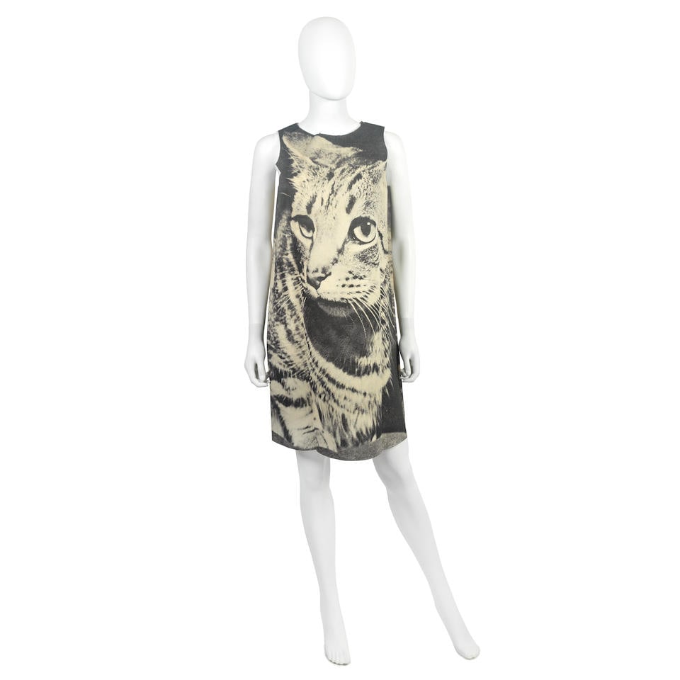 Harry Gordon 'The Cat' Poster Dress, circa 1968: Harry Gordon 'The Cat' Poster Dress, circa 1968 one of a series of five prints, screenprinted in monochrome to a rayon and nylon ground, in original (opened) packaging, first edition labelled Poster D