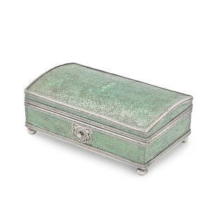 A silver and shagreen box John Paul Cooper, early 20th century, applied plaque inside stamped ...: A silver and shagreen boxJohn Paul Cooper, early 20th century, applied plaque inside stamped J Paul CooperOblong with hinged dome cover, the edges with varying pinned mouldings and rope-twist