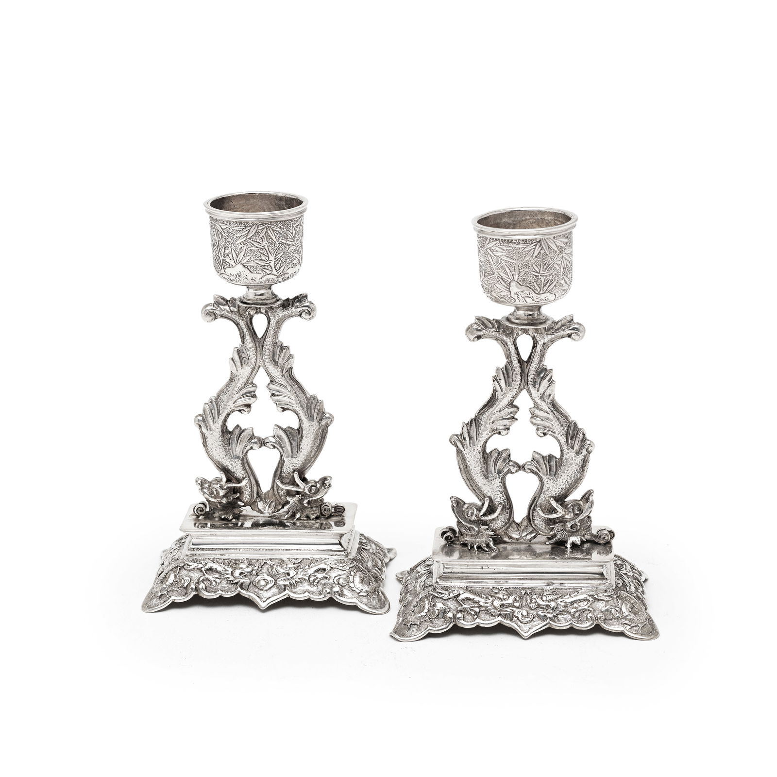 A pair of Chinese export silver dwarf candlesticks Hung Chong, stamped HC and character mark, ci... (1 of 1)
