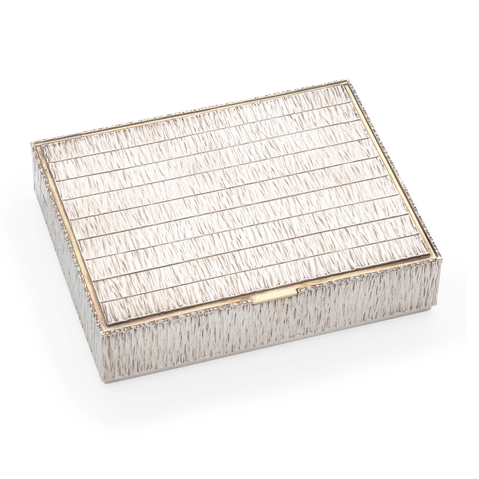 GERALD BENNEY: a silver and gold cigarette box London 1967, incuse stamped GERALD BENNEY LONDON,...: GERALD BENNEY: a silver and gold cigarette box London 1967, incuse stamped GERALD BENNEY LONDON, 54 and STERLING AND 18K Rectangular form, the hinged cover decorated with nine horizontal textured ban