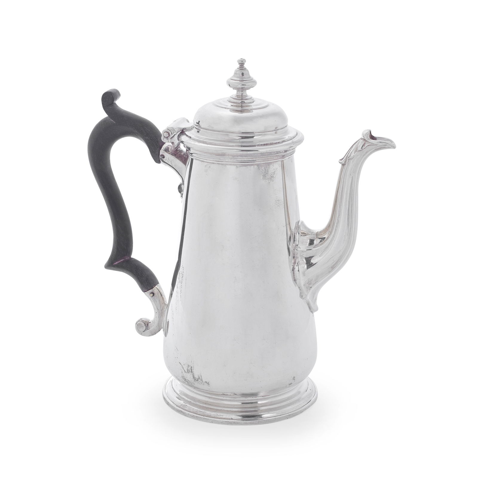 A George II silver coffee pot George Wickes, London 1737, also stamped with London Assay Office ...: A George II silver coffee pot George Wickes, London 1737, also stamped with London Assay Office case number 9566 Plain tapering form, unmarked hinged shaped-dome cover with bell-shaped finial, wood ha