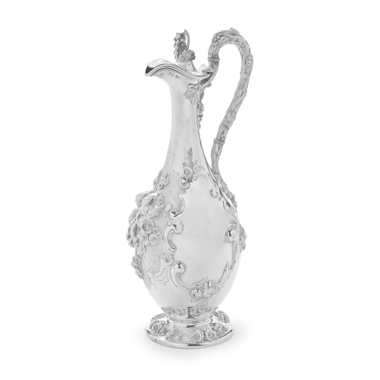 A Victorian silver wine ewer Daniel and Charles Houle doublestruck, London 1861, duty mark: A Victorian silver wine ewer Daniel and Charles Houle doublestruck, London 1861, duty mark Ovoid form, with elongated tapering neck, the hinged cover with a cast and chased grape and vine leaf finial,