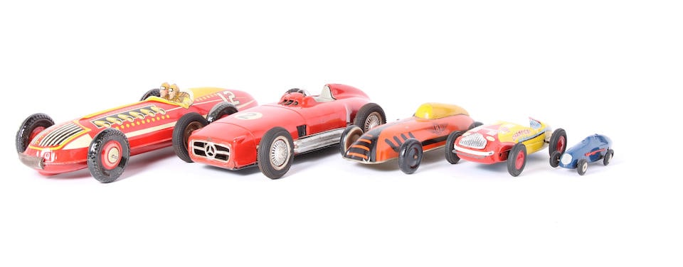Five tinplate racing car toys,  (5) (1 of 1)