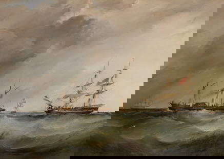 Samuel Walters (British, 1811-1882) The New Brighton packet towing a distressed merchantman: Samuel Walters (British, 1811-1882)The New Brighton packet towing a distressed merchantman signed with initials and indistinctly dated 'S.W./18?' (lower right) oil on canvas47 x 66cm (18 1/2 x 26in).F