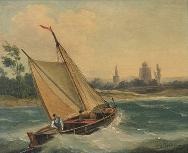 John Thomas Serres (London 1759-1825) Barge foaming along just off shore; Barges on a still rive...: John Thomas Serres (London 1759-1825)Barge foaming along just off shore; Barges on a still river in evening light, a pair the first signed 'JSerres' (lower right); the second signed with initials 'J.T