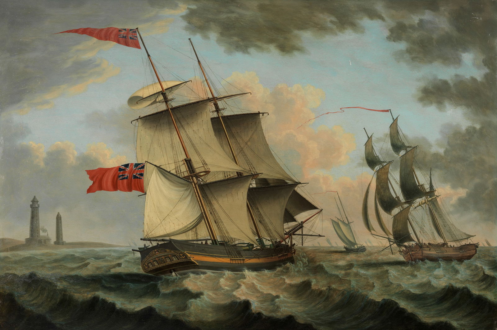 Edmund C. Coates (American, 1816-1871) The merchant snow Elizabeth of Newcastle in choppy seas p...: Edmund C. Coates (American, 1816-1871)The merchant snow Elizabeth of Newcastle in choppy seas passing the Happisburgh lighthouses on the Norfolk coast signed 'Coates' (lower left)oil on panel48 x 71.5