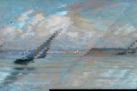 Terrick John Williams, RA (British, 1860-1936) Sailing boats in a calm: Terrick John Williams, RA (British, 1860-1936)Sailing boats in a calm signed 'Terrick Williams.' (lower right); inscribed 'by Terrick Williams/Art Club Studios/Blackheath/London S.E./1900' (verso)oil