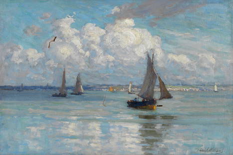 Terrick John Williams, RA (British, 1860-1936) Sailing boats in a calm: Terrick John Williams, RA (British, 1860-1936)Sailing boats in a calm signed 'Terrick Williams.' (lower right); inscribed 'by Terrick Williams/Art Club Studios/Blackheath/London S.E./1900' (verso)oil