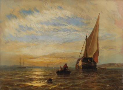 George Stainton (British, active 1866-1890) 'Hay Barge off Erith': George Stainton (British, active 1866-1890)'Hay Barge off Erith' indistinctly signed 'G. STAINTON' (lower right); inscribed 'HAY BARGE OFF ERITH/G STAINTON/WALNUT TERRACE/KYRWICKS LANE' (verso)oil on