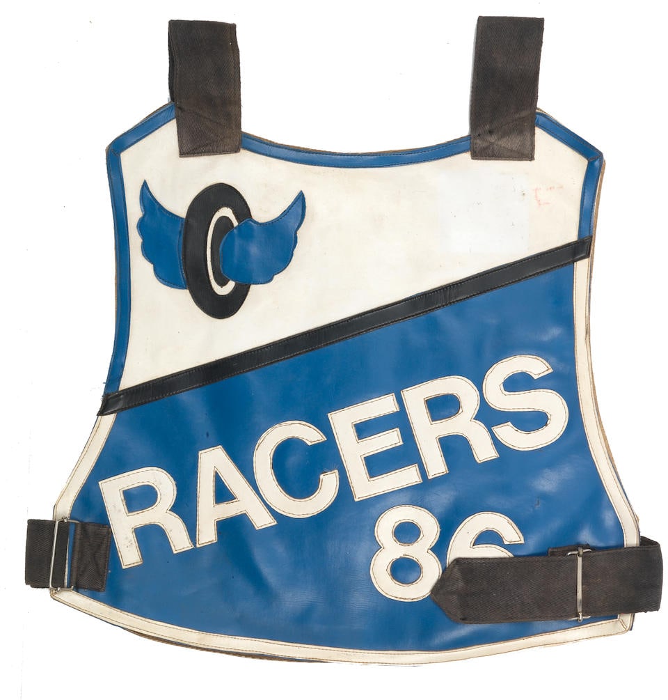 A believed 'John Davis' Reading Racers 86 speedway race vest: A believed 'John Davis' Reading Racers 86 speedway race vest stitched leather letters 'JOHN DAVIS' to reverse, in used condition, prospective bidders should satisfy themselves with regards to the prov