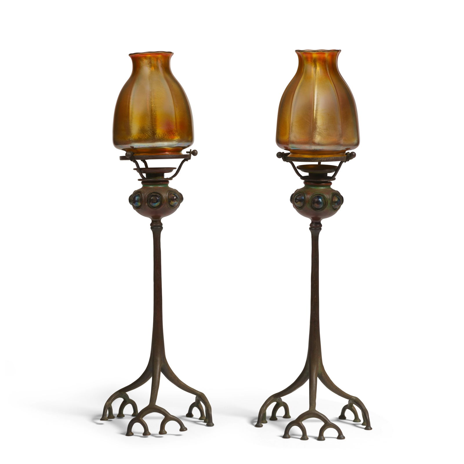 TIFFANY STUDIOS (1899-1930) Pair of 'Jeweled' Root Candlestickscirca 1910patinated bronze, Favri... (1 of 1)