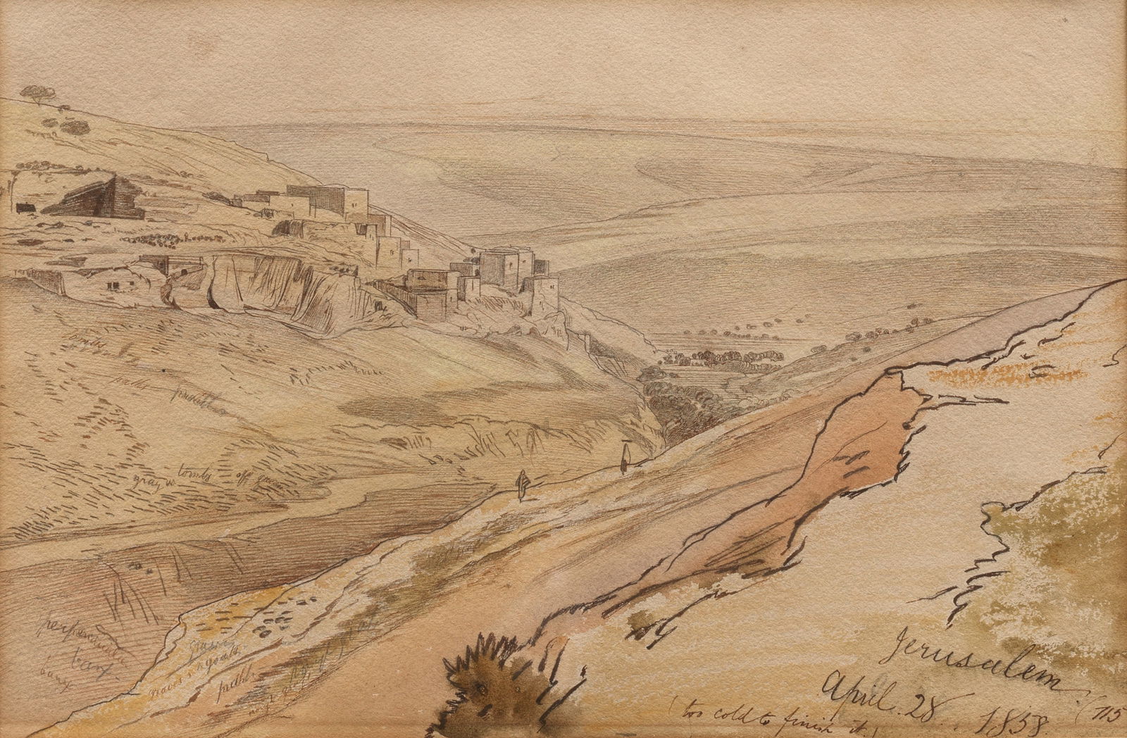 Edward Lear (British, 1812-1888) Jerusalem: Edward Lear (British, 1812-1888) Jerusalem inscribed and dated 'Jerusalem/april.28.1858./(too cold to finish it)' (lower right) and variously annotated in pencil pen and brown ink, pencil and sepia wa