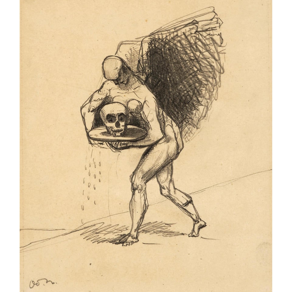 Odilon Redon (1840-1916) Vers une Autre Image..., also titled L'Ange et La Mort 6 9/16 x 5 1/2 i...: Odilon Redon (1840-1916) Vers une Autre Image..., also titled L'Ange et La Mort signed with the artist's initials 'Od.R.' (lower left) graphite on paper 6 9/16 x 5 1/2 in (16.6 x 13.9 cm) Footnotes: