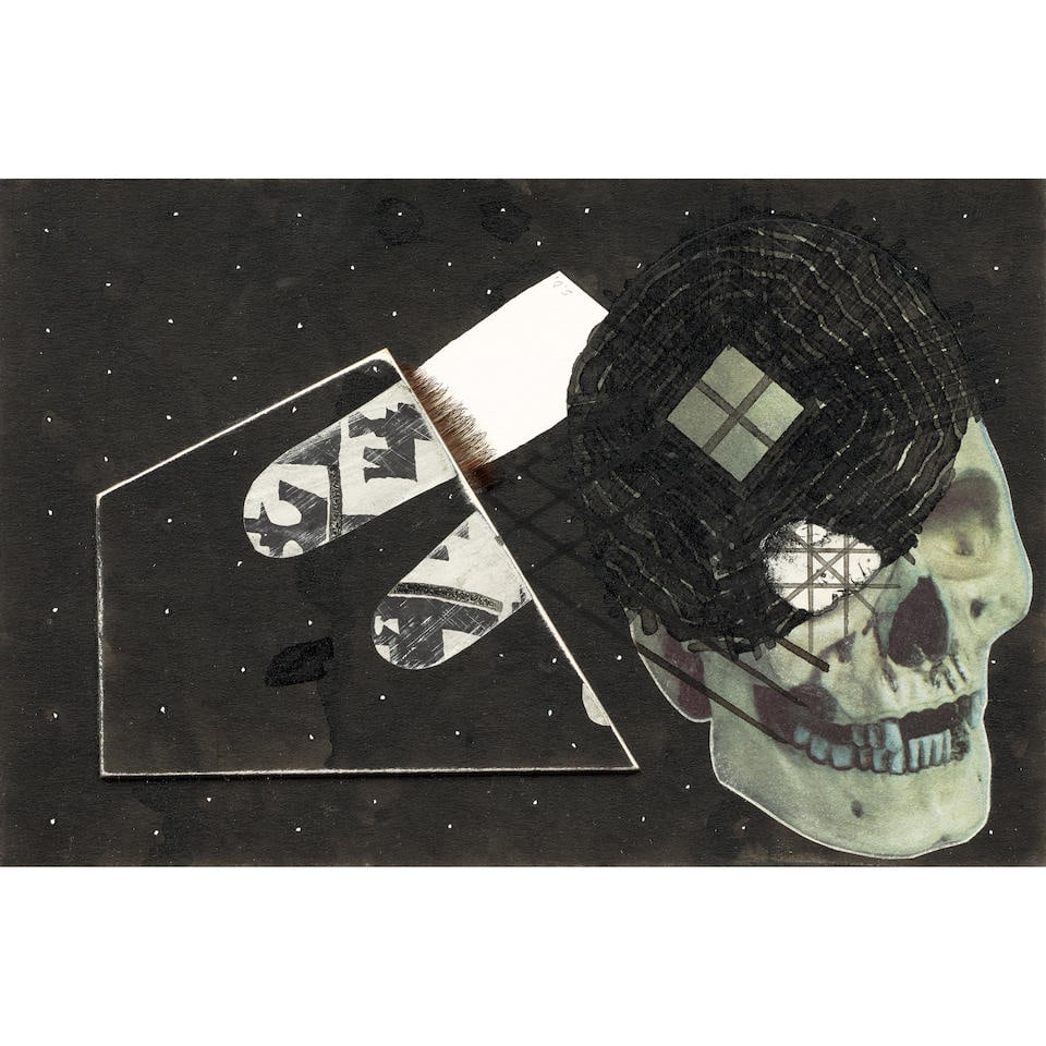 Ray Johnson (1927-1995) Untitled (Skulls with Fingers and Eyelash) circa 1985-1995: Ray Johnson (1927-1995) Untitled (Skulls with Fingers and Eyelash) circa 1985-1995 collage on illustration board 15 by 15 in. 38.1 by 38.1 cm. For further information on this lot please visit Bonhams.