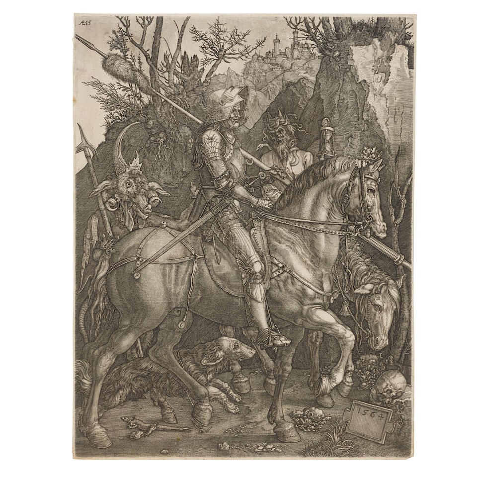 Hieronymus Wierix (1553-1619); After Albrecht Dürer Knight, Death, and the Devil;: Hieronymus Wierix (1553-1619), After Albrecht Dürer Knight, Death, and the Devil (Mauquoy-Hendrickx 1484), 1564 Engraving on laid paper, Heller's second state (of 5), with thread margins or trimm