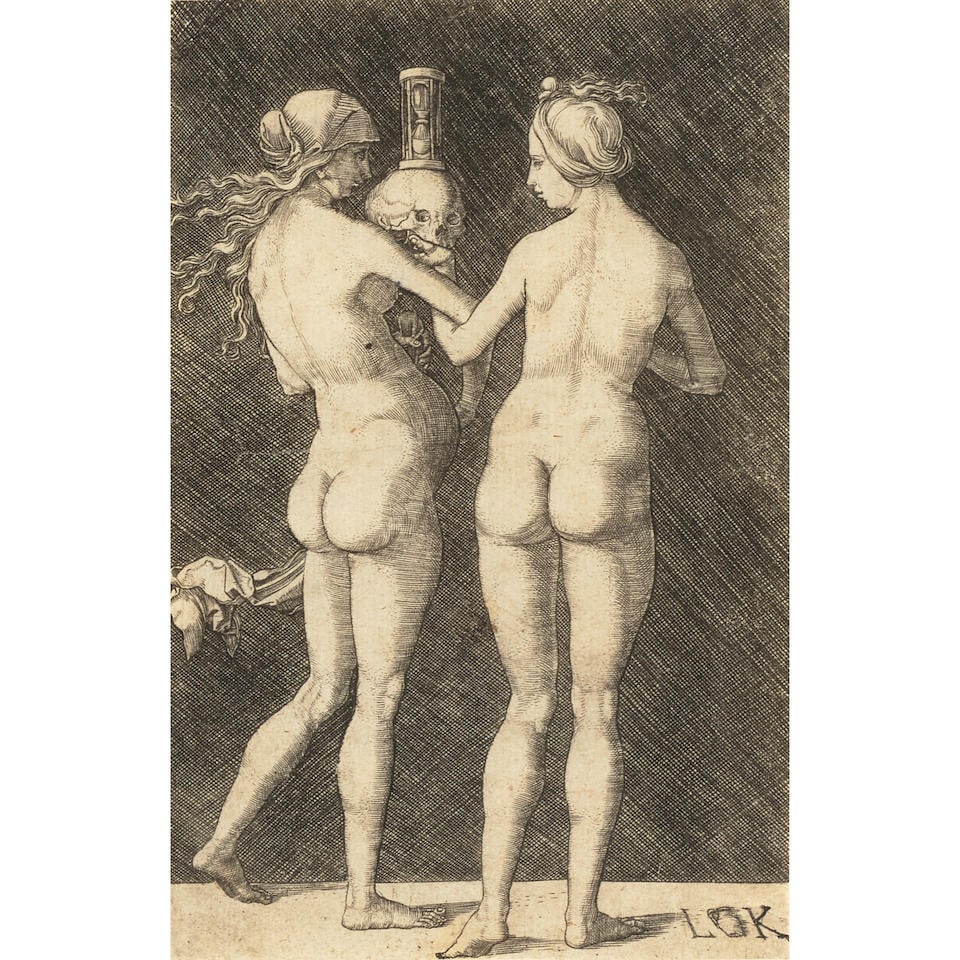 Ludwig Krug (1489-1532); Two Nude Women seen from behind, from Allegory of Aging;: Ludwig Krug (1489-1532) Two Nude Women seen from behind, from Allegory of Aging (Bartsch 11; Holstein 18), c. 1510-32 Engraving on laid paper, with the monogram 'LK' lower right, with jug, trimmed to
