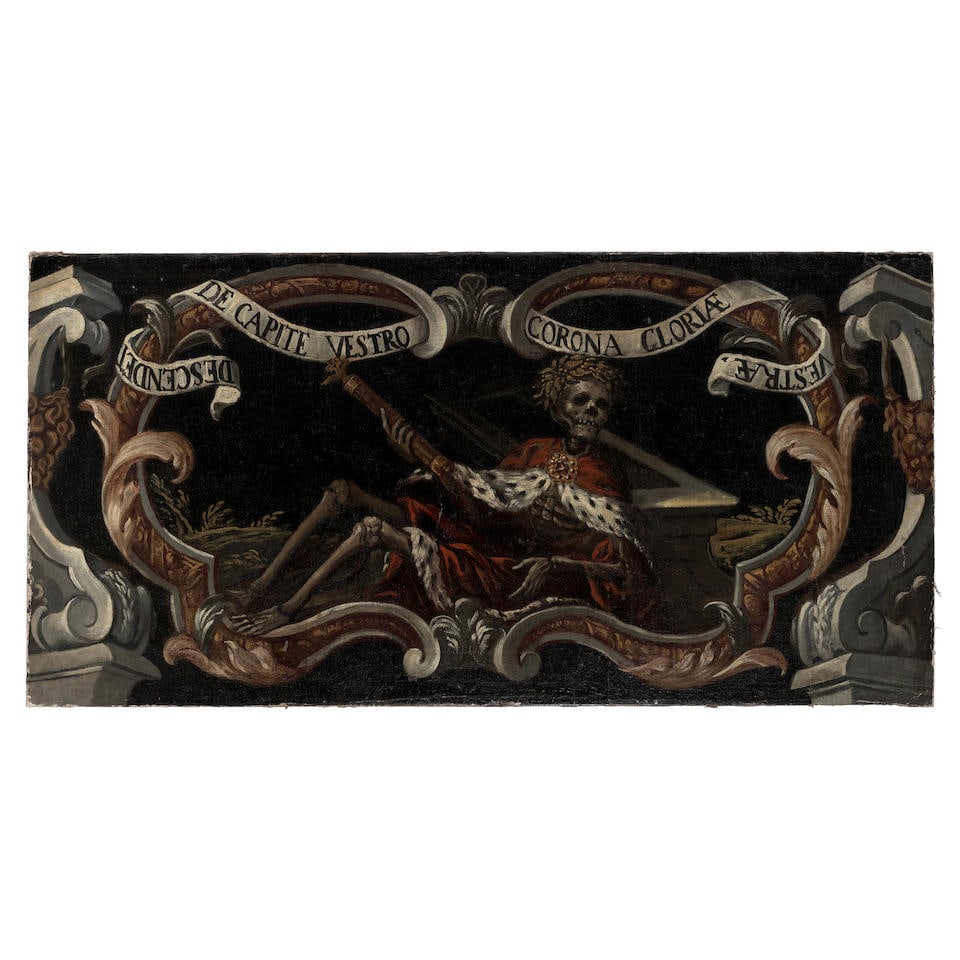 Follower of Juan de Valdes Léal (1622-1690) Allegories of Mortality 38 3/8 x 74 7/16 in (97...: Follower of Juan de Valdes Léal (1622-1690) Allegories of Mortality a pair, oil on canvas 38 3/8 x 74 7/16 in (97.5 x 189 cm) (2) Footnotes: Provenance Castello di Giove, Umbria, Italy Sotheby's,