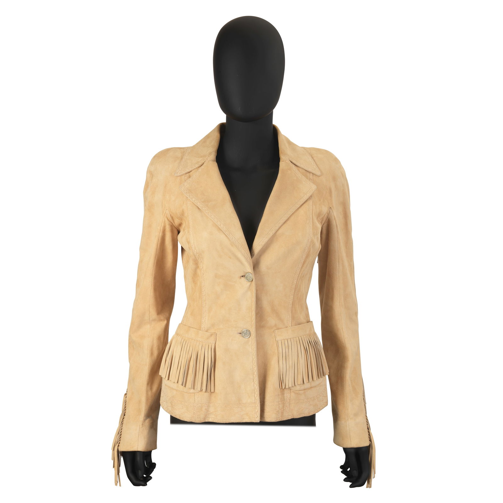 John Galliano for Christian Dior: a Suede Fringed Bar Jacket 2000s: John Galliano for Christian Dior: a Suede Fringed Bar Jacket2000sSoft goatskin suede with padded hips, fringing to sleeves and front pockets and embroidered trimCondition Grade BLabelled size 38, but