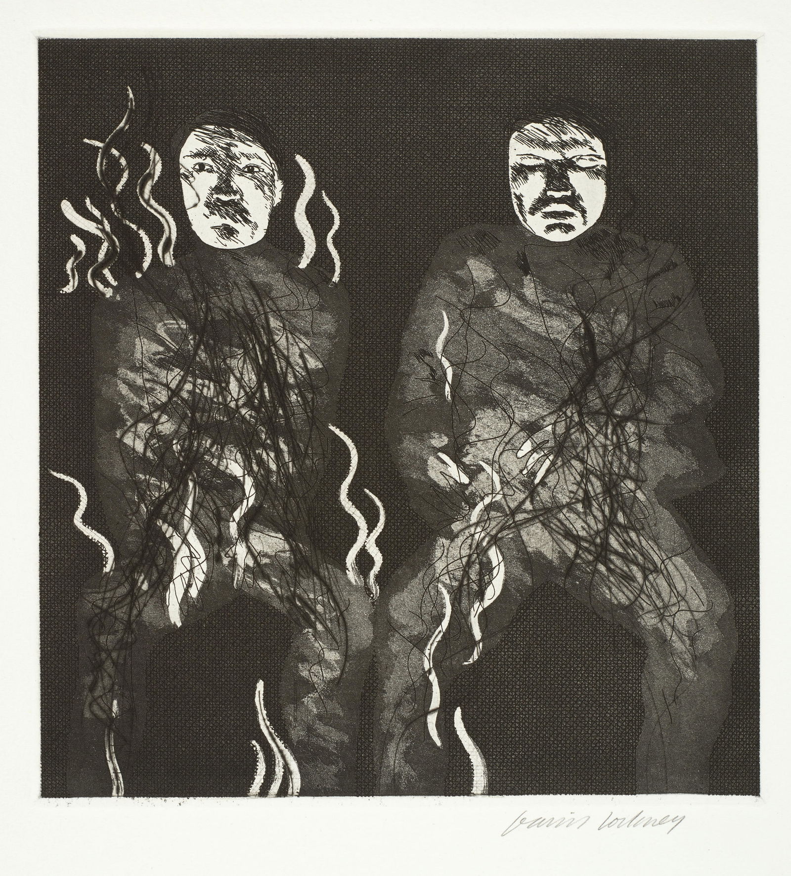 David Hockney (born 1937); Corpses on Fire, from Illustrations for Six Fairy Tales from the Brot...: David Hockney (born 1937) Corpses on Fire, from Illustrations for Six Fairy Tales from the Brothers Grimm (Scottish Arts Council 91; Museum of Contemporary Art Tokyo 88), 1969 Etching with drypoint an