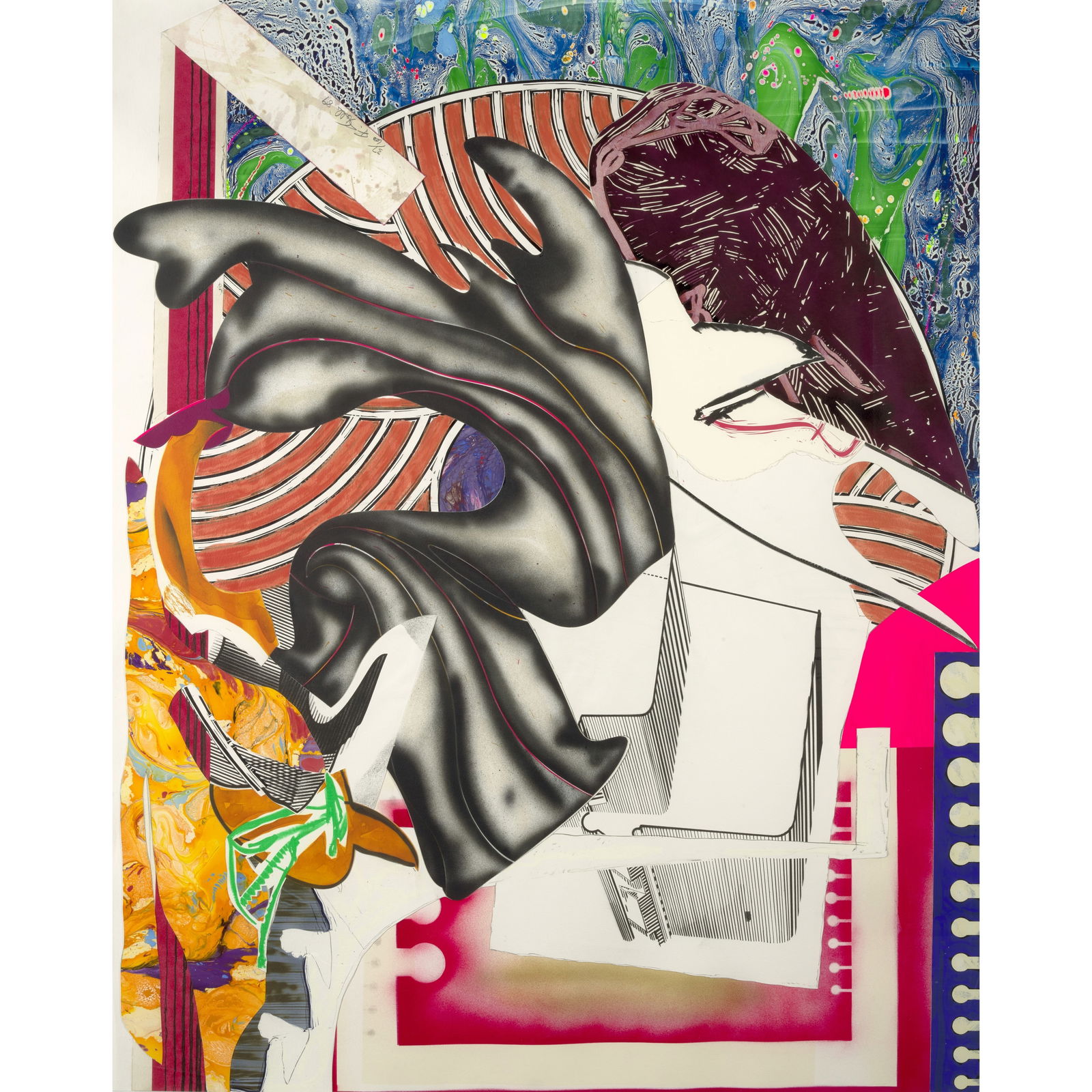 Frank Stella (born 1936); Moby Dick, from The Waves;: Frank Stella (born 1936) Moby Dick, from The Waves (Axsom 194), 1989 Screenprint, lithograph, and linocut with hand-coloring, marbling and collage on T.H. Saunders and Somerset paper, signed in pencil