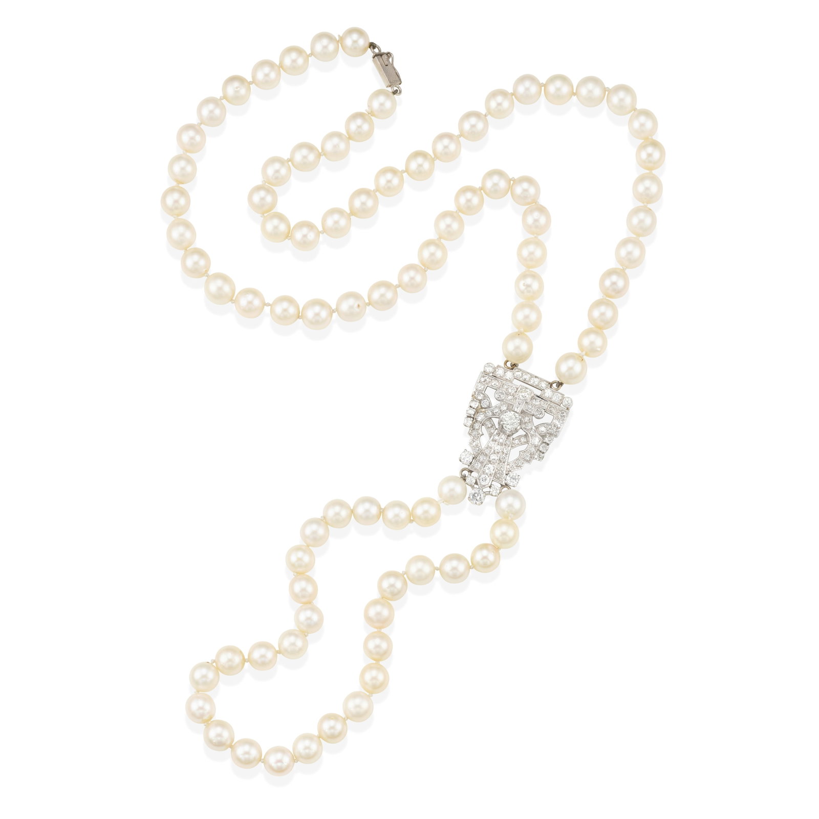 A DIAMOND AND CULTURED PEARL LARIAT: A DIAMOND AND CULTURED PEARL LARIAT Designed as strand of round-shaped graduated cultured pearls of cream-tint, measuring approximately 8.00 to 8.50 mm, accented with a central geometric motif set wit