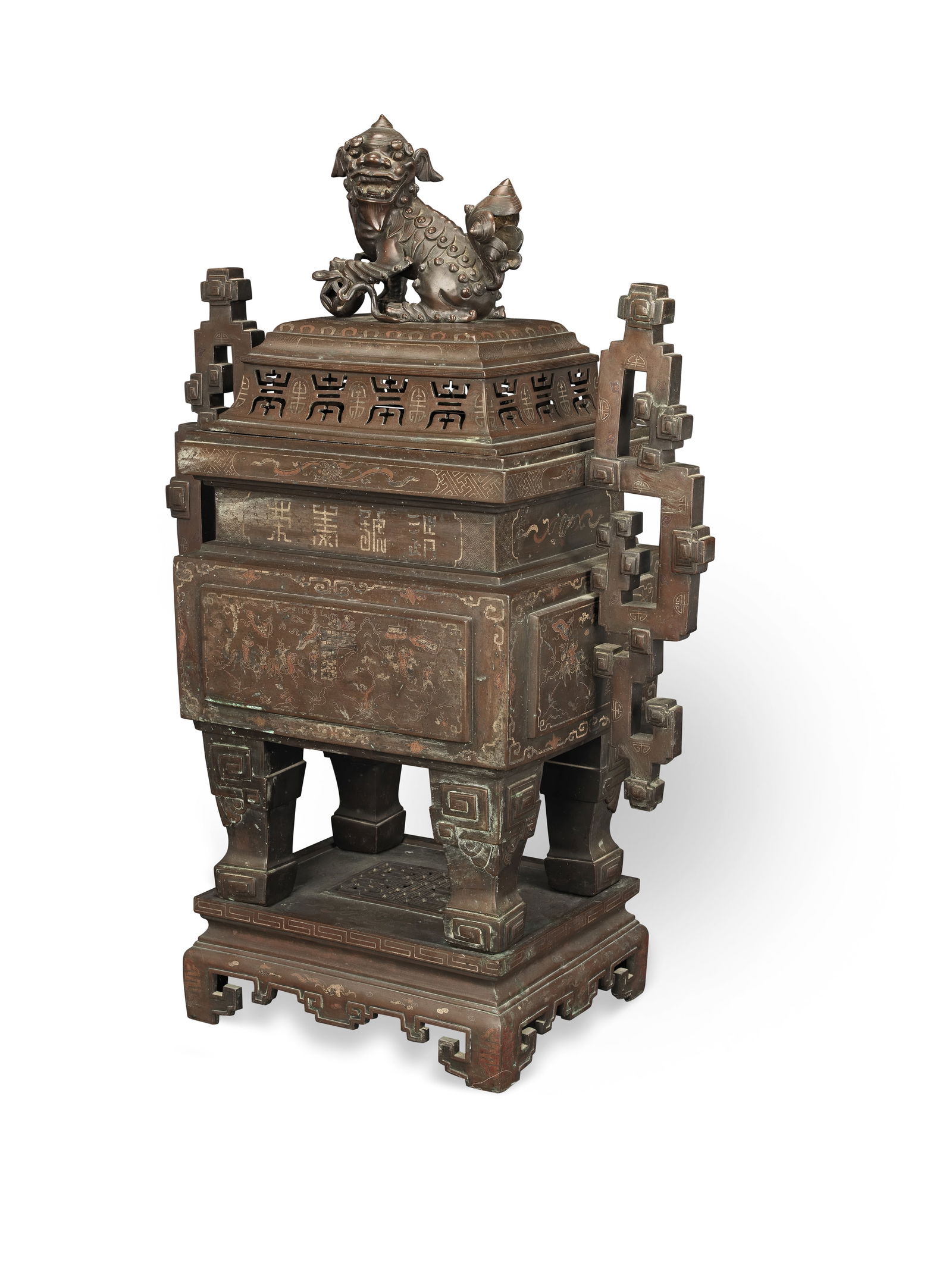 A VERY LARGE SILVER AND COPPER INLAID BRONZE INCENSE BURNER, COVER AND STAND Vietnam, dated 1934... (1 of 1)