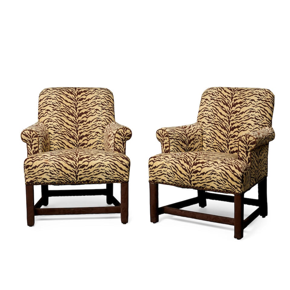 A PAIR OF ZEBRA PATTERN AND SUEDE UPHOLSTERED ARMCHAIRSLate 20th century (1 of 1)