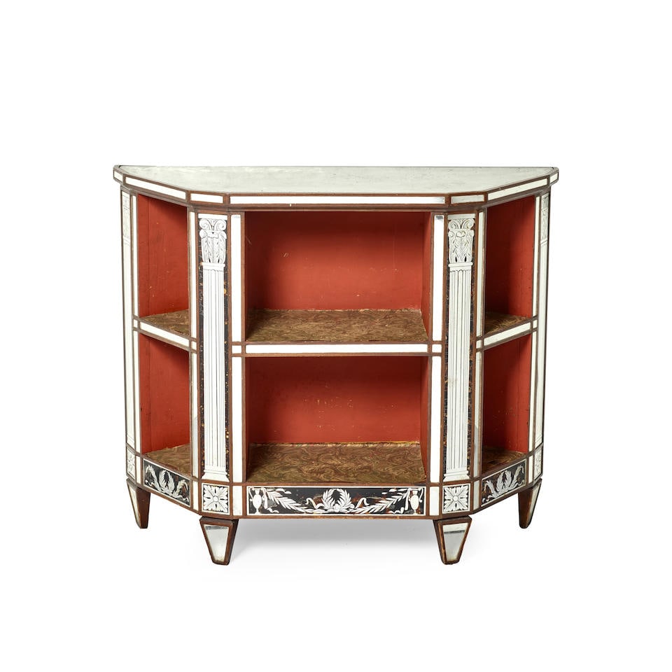 A NEOCLASSICAL STYLE REVERSE PAINTED MIRRORED GLASS TWO-TIER CONSOLE AND SIMILAR MIRROR EN SUITE... (1 of 2)