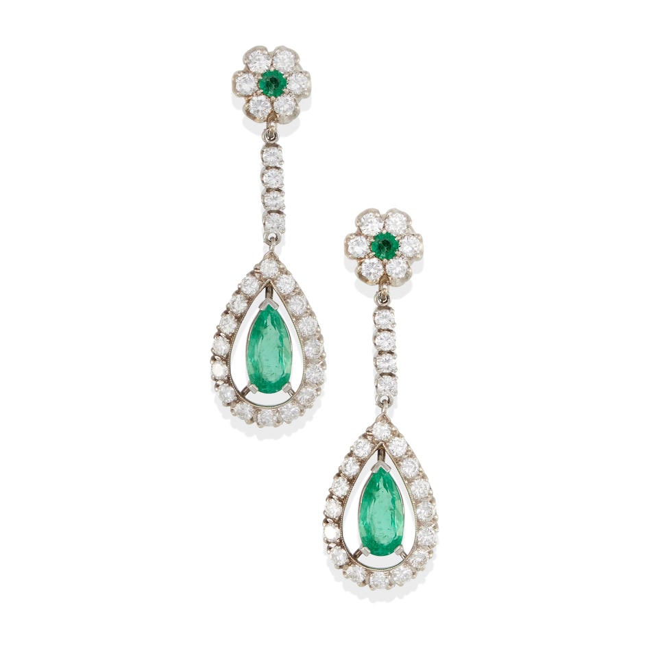 A PAIR OF 14K WHITE GOLD, EMERALD AND DIAMOND EARCLIPS (1 of 3)