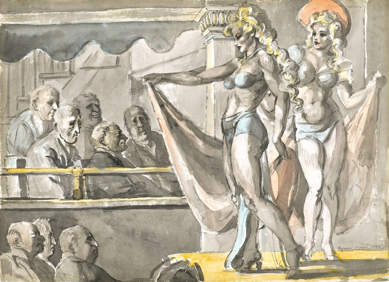 Reginald Marsh (1898-1954) Hudson Burlesk: A Double-Sided Work 22 5/8 x 31 1/4 in. (57.5 x 79.4 ...: Reginald Marsh (1898-1954) Hudson Burlesk: A Double-Sided Work signed and dated 'Reginald Marsh 1945' (lower right, recto) and inscribed with title, signed again and dated '1944' (lower right, verso)