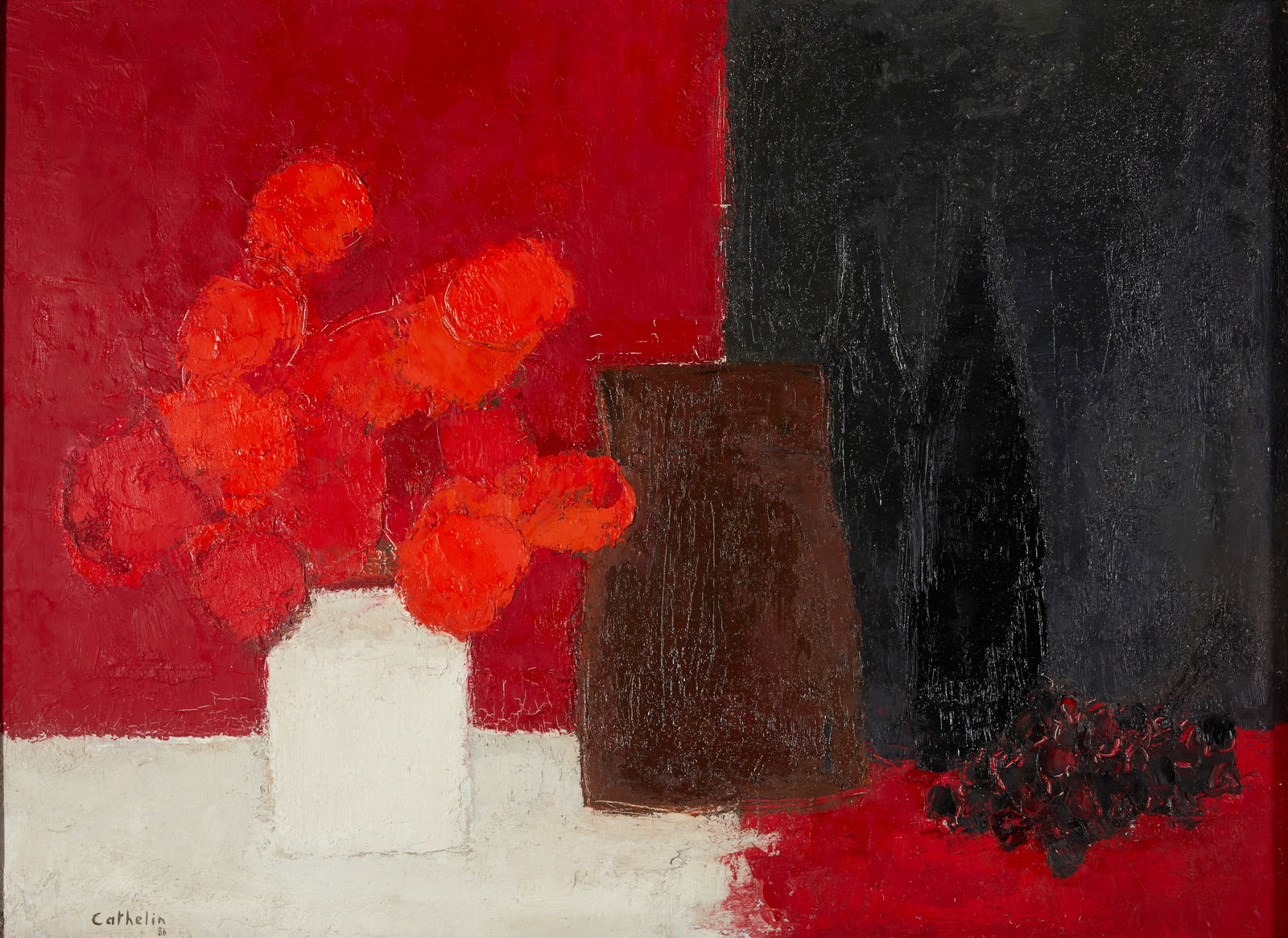 Bernard Cathelin (French, 1919-2004) Nature morte à la grappe de raisin 29 1/2 x 39 1/2 in....: Bernard Cathelin (French, 1919-2004) Nature morte à la grappe de raisin signed and dated 'Cathelin/86' (lower left); titled, dated, and signed '.../1986 Cathelin' (on the reverse) oil on canvas 2
