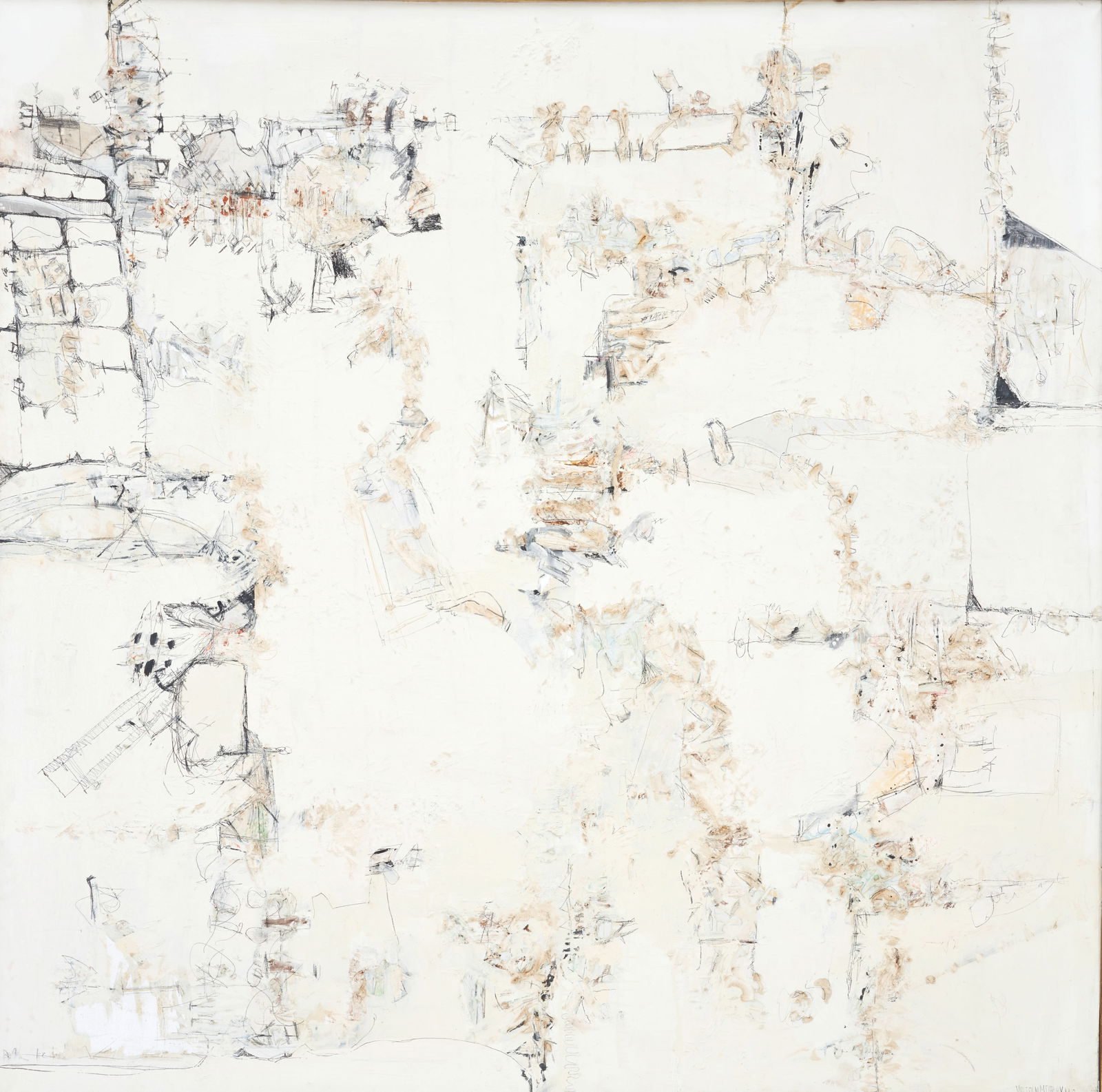 Malcolm Morley (British/American, 1931-2018) Untitled 60 x 60 in. (152.4 x 152.4 cm) framed 61 1...: Malcolm Morley (British/American, 1931-2018) Untitled signed and dated 'MALCOLM MORLEY 1962' (lower right) oil, resin, wax crayons, and pencil on canvas 60 x 60 in. (152.4 x 152.4 cm) framed 61 1/2 x