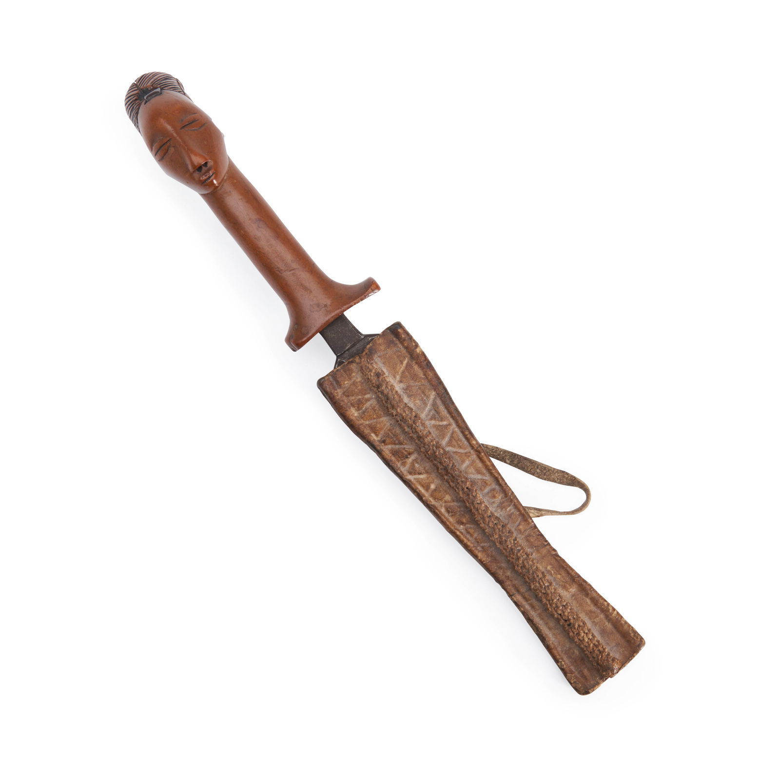 A Mangbetu (Mbetu) knife lg. of knife 10 in.: A Mangbetu (Mbetu) knife The wood handle with the head of a women at the pommel, with coffee bean eyes, elongated nose and slit mouth, with high, incised coiffure, with leaf-shaped iron blade and hide