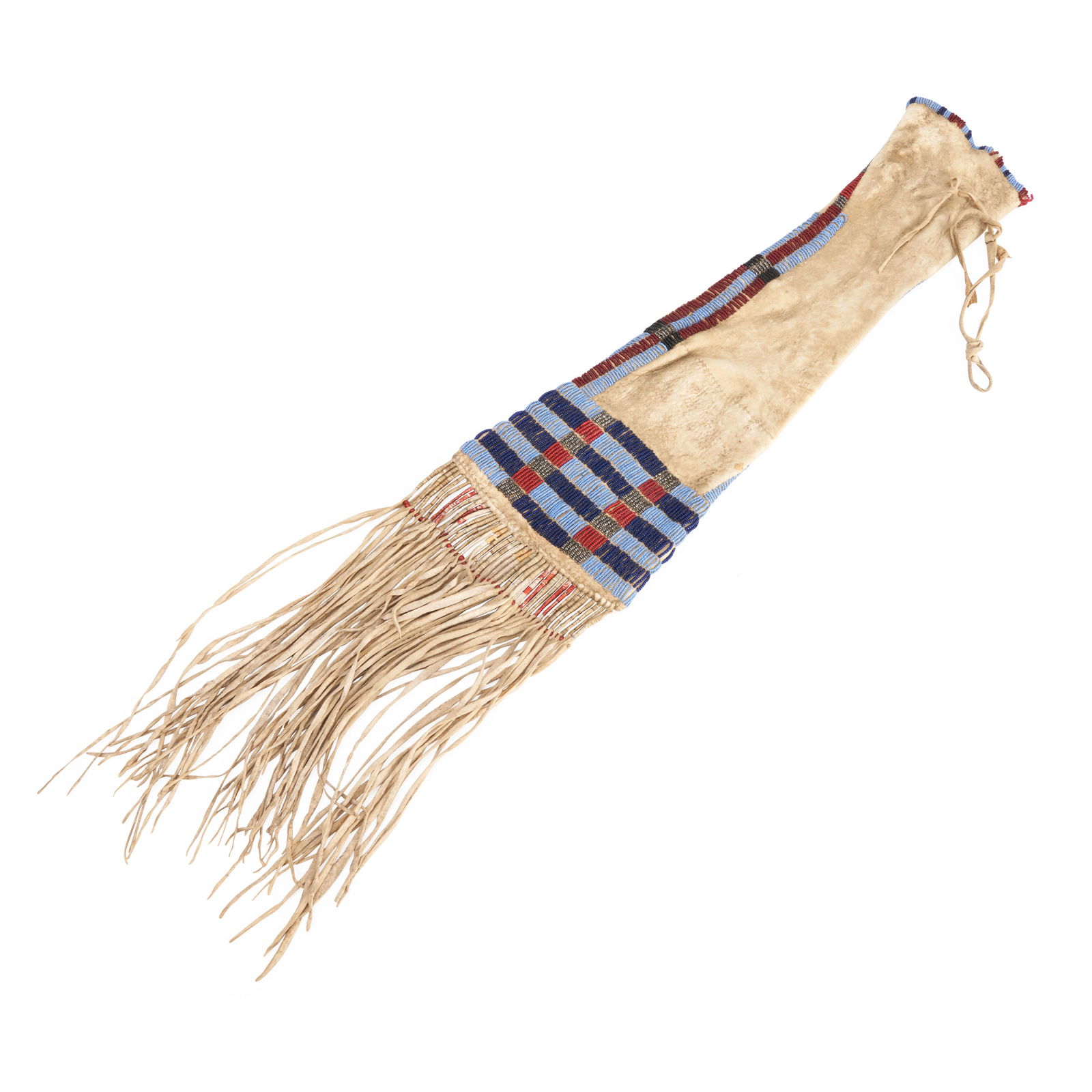 A Tsis tsis'tas (Cheyenne) beaded hide pipe bag overall lg. 26, wd. 5 1/2, lg. without fringe 16... (1 of 1)