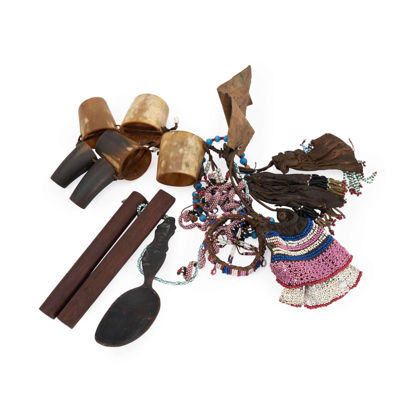 A collection of Zulu witch doctor's items spoon lg. 6 1/2, lg. of sticks 7 1/4 in. (1 of 1)