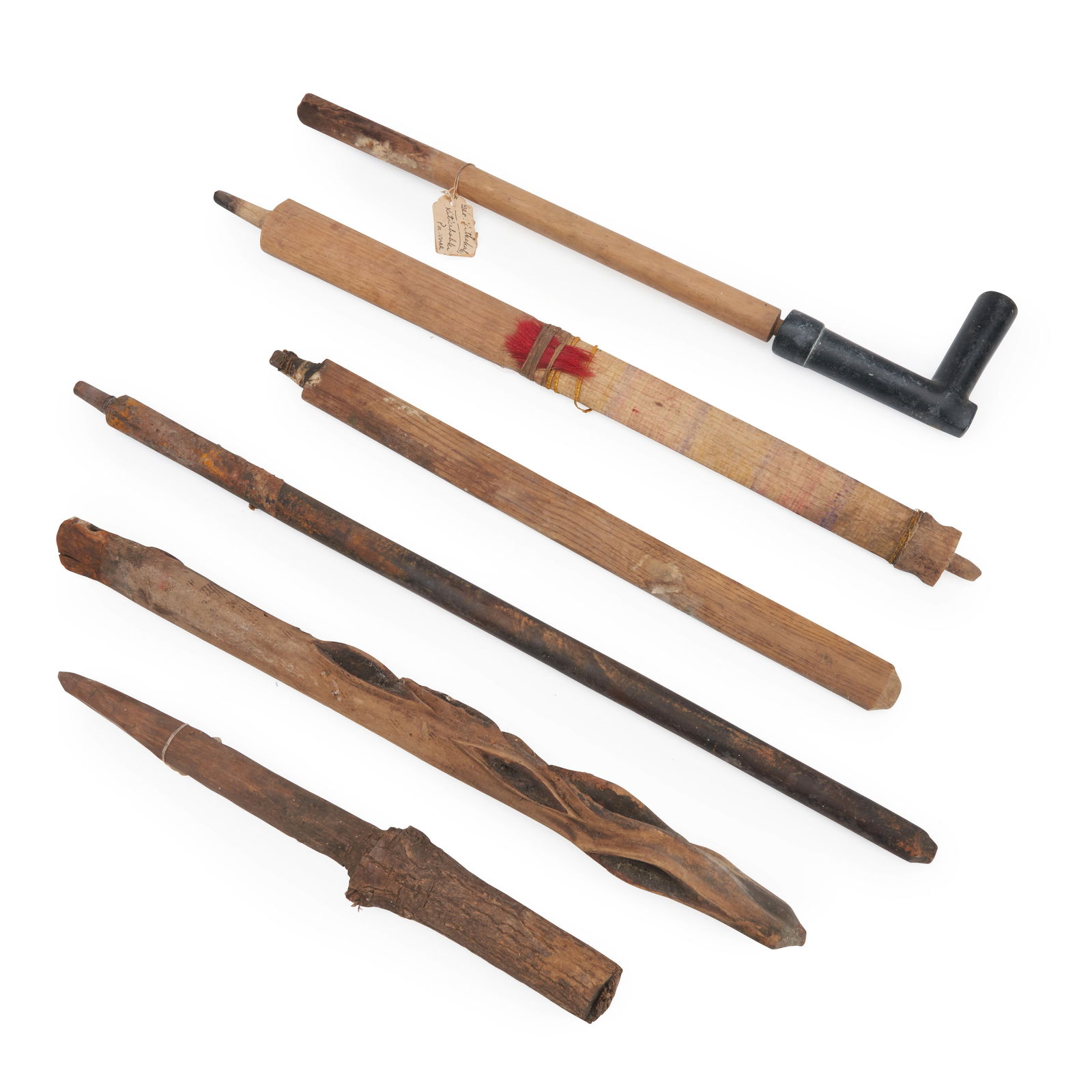 Five pipe stems, one bowl, and tipi stake lg. 23, 21 1/2, 19, 19, 17, and 14 in. (1 of 1)