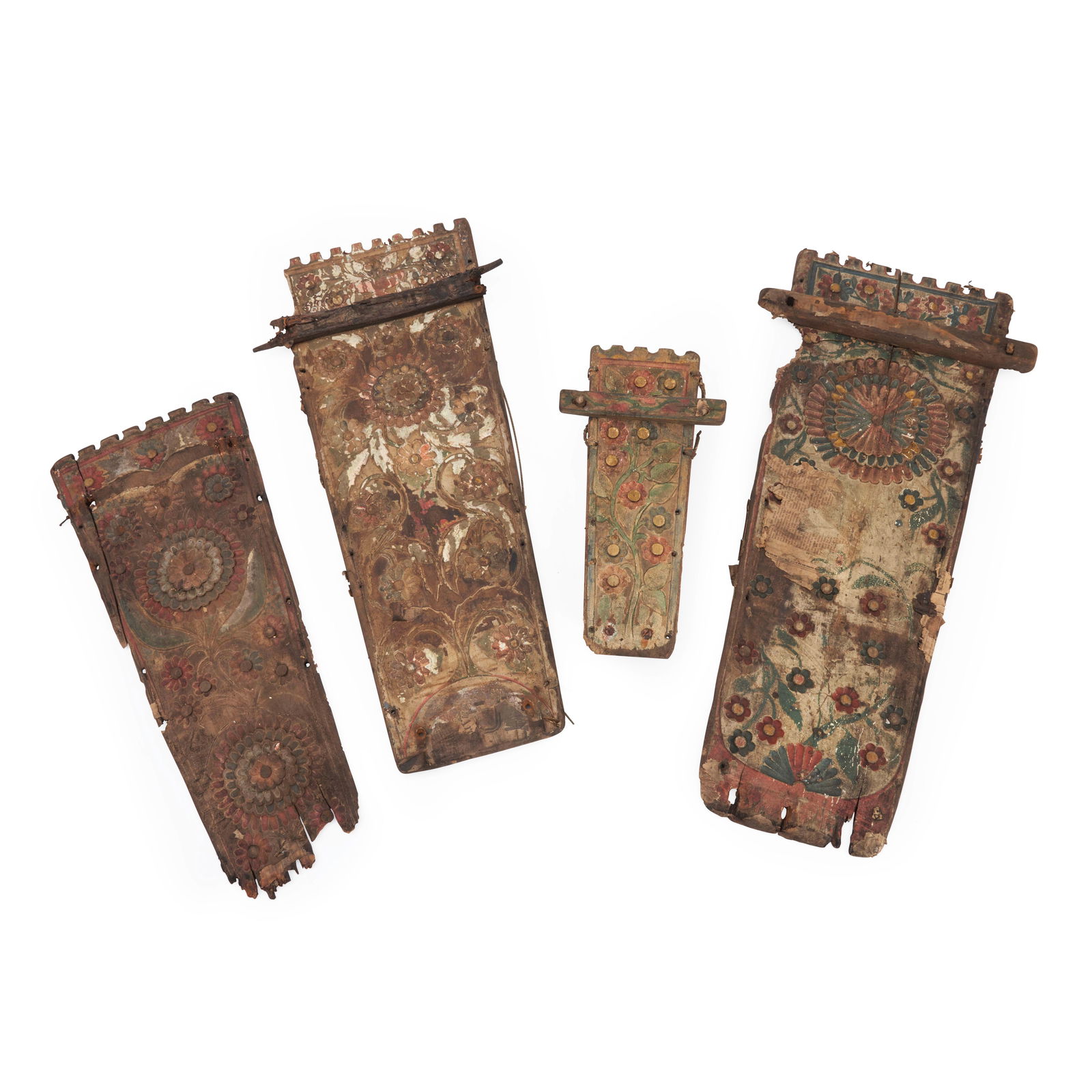 Four Northeast polychrome wood cradle boards lg. 30, 28, 22, and 14 in. (1 of 1)