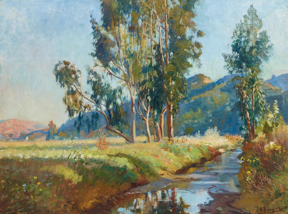 Adolf M. Brougier (1870-1926) Eucalyptus Along a Brook (Santa Barbara) 30 x 40 in.  framed 39 1/... (1 of 3)