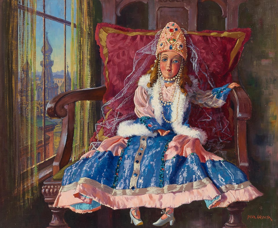 Paul Grimm (1891-1974) The Little Russian Princess 24 1/2 x 30 1/4 in. framed 31 1/2 x 36 1/4 in.: Paul Grimm (1891-1974) The Little Russian Princess signed 'Paul Grimm' (lower right) and signed again and titled (on the stretcher bar) oil on canvas 24 1/2 x 30 1/4 in. framed 31 1/2 x 36 1/4 in. Fo