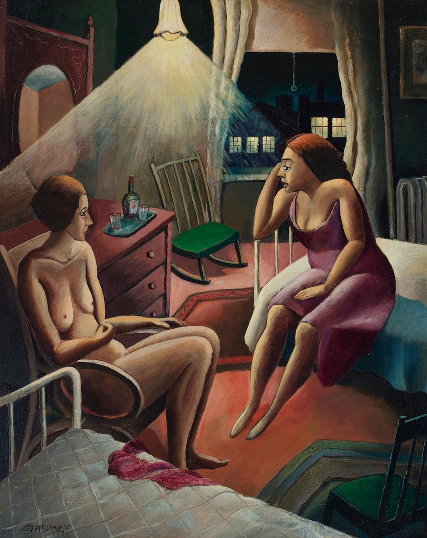Fred Gardner (1880-1952) Hotel Room, The Red Veil, and The Couple (a group of three) first 20 1/...: Fred Gardner (1880-1952) Hotel Room, The Red Veil, and The Couple (a group of three) first signed and dated 'GARDNER / 1931' (lower left) and signed again and titled verso (prior to lining), second si