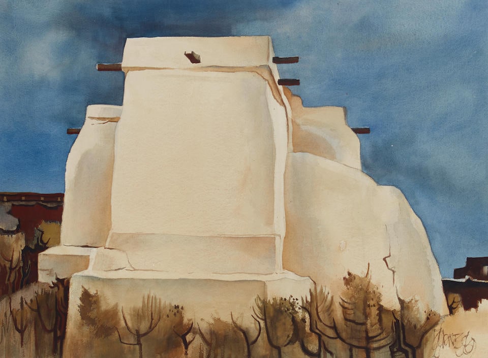 Milford Zornes (1908-2008) Isleta Pueblo  sight 21 x 28 3/4 in. framed 34 x 41 1/4 in.  (Painted... (1 of 3)