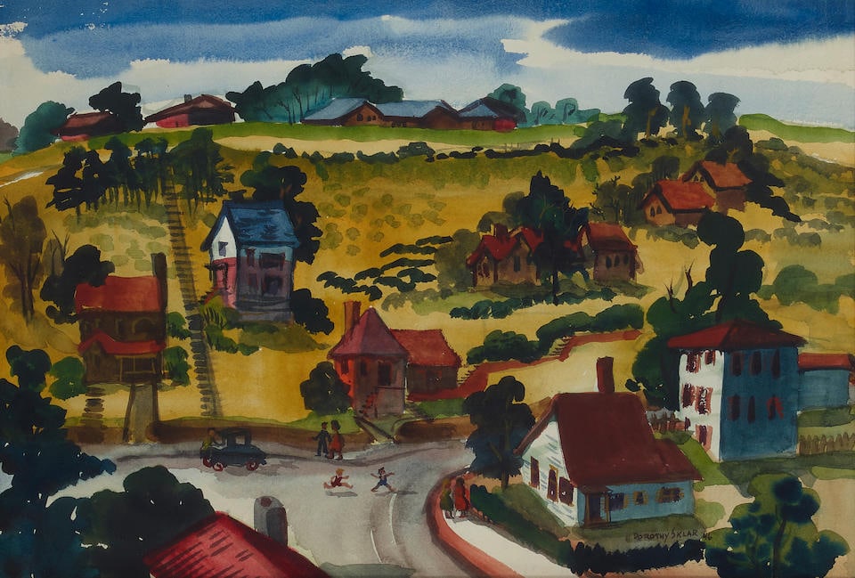 Dorothy Sklar (1906-1996) Small Town Landscape sight 13 3/4 x 20 1/4 in. framed 25 3/4 x 32 1/...: Dorothy Sklar (1906-1996) Small Town Landscape signed and dated 'Dorothy Sklar 46' (lower right) watercolor on paper sight 13 3/4 x 20 1/4 in. framed 25 3/4 x 32 1/4 in. Footnotes: Provenance John Mo