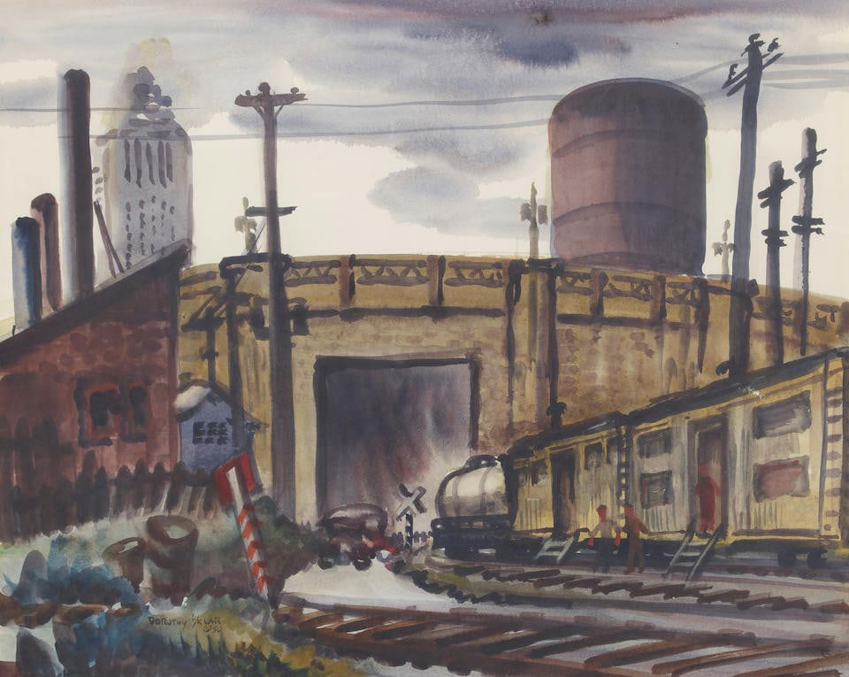 Dorothy Sklar (1906-1996) Outfit Cars and Tunnel (with a View of City Hall) sight 17 x 21 in. f...: Dorothy Sklar (1906-1996) Outfit Cars and Tunnel (with a View of City Hall) signed and dated 'Dorothy Sklar © 50' (lower left) watercolor on paper sight 17 x 21 in. framed 27 3/4 x 32 in. Footno
