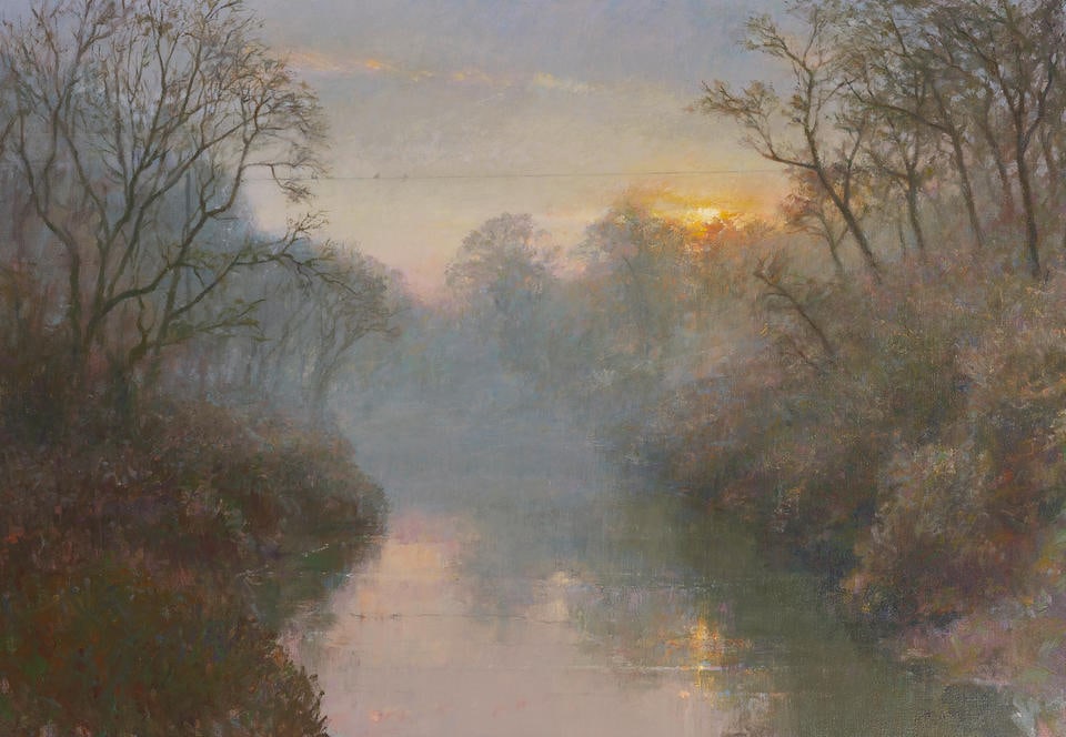 Fred Dalkey (born 1943) Last Winter Light: Reflection on the River in the Mist 28 x 40 in. frame... (1 of 3)