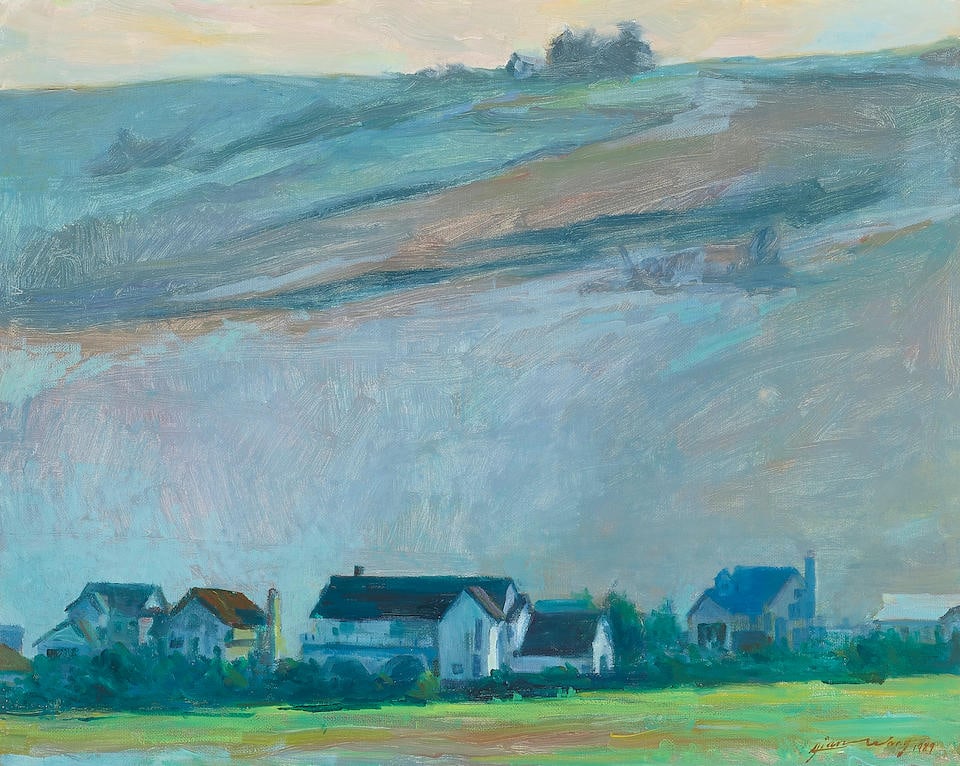 Jian Wang (born 1958) First Morning Light in the Valley sight 16 x 20 in. framed 26 1/4 x 31 1/4...: Jian Wang (born 1958) First Morning Light in the Valley signed and dated 'Jian Wang 1989' (lower right) and signed again, dated and titled '1990' (on the backing board) oil on canvasboard sight 16 x 2