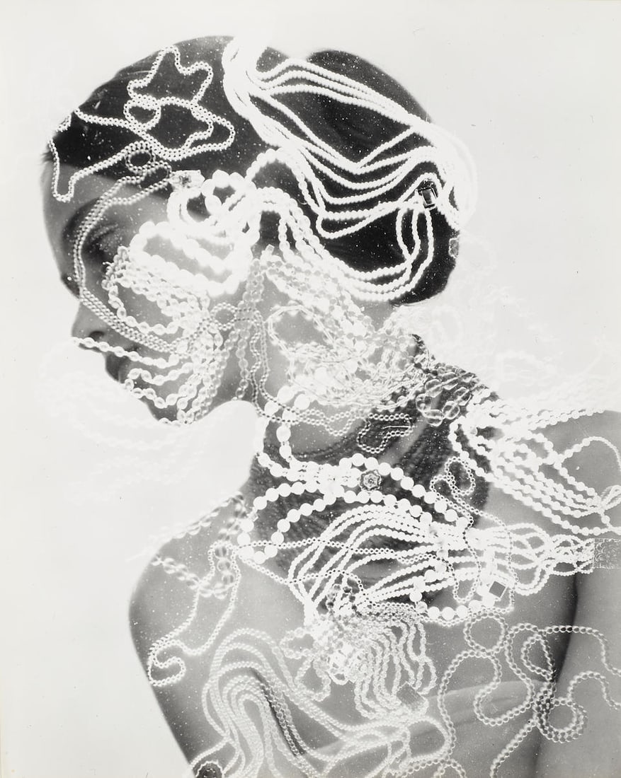 Herbert Matter (1907-1984); Untitled (Woman with Beads);: Herbert Matter (1907-1984) Untitled (Woman with Beads), 1948 Oversized gelatin silver print; the photographer's credit stamp on the reverse. 19 7/8 x 15 5/8 in. (50.5 x 39.7 cm.) Footnotes: Note In t