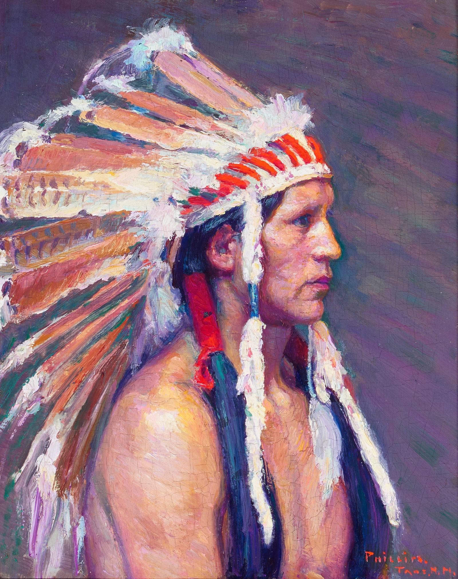 Bert Geer Phillips (1868-1956) Santana, The Chief's Son 10 x 8 in. framed 16 1/2 x 14 1/2 in.: Bert Geer Phillips (1868-1956) Santana, The Chief's Son signed and inscribed 'PHILLIPS. / TAOS, N.M.' (lower right) and titled and with partial signature on remnants of an exhibition label (on the rev